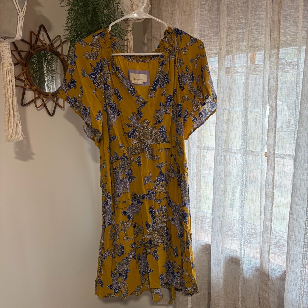 Anthropologie Mustard Yellow Floral Mini Dress with Blue Print